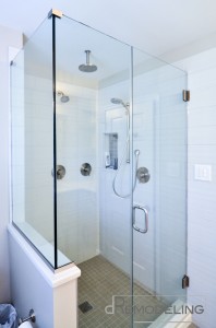 Contemporary Bathroom Shower with Metal Edge Trim