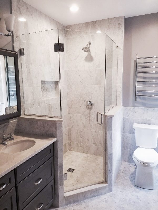 Corner Shower with Mosaic Marble Floor - Transitional - Bathroom