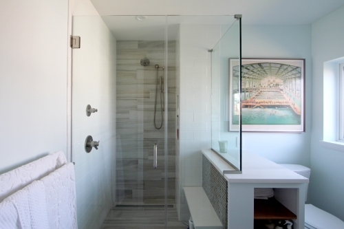Bath Frameless Glass Enclosure Bench Wood Look Plank Tile Recessed Storage Niche