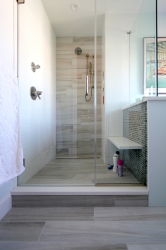 Bath Frameless Glass Enclosure Walk In Shower Bench Wood Look Plank Tile