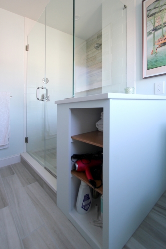 Bath Walk In Frameless Glass Enclosure  Bench Recessed Storage Niche