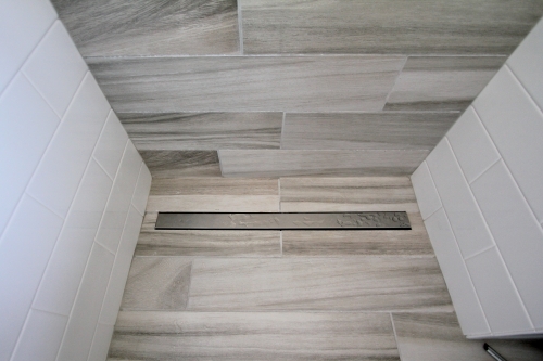 Bath Walk In Shower Linear Drain Wood Look Plank Tile