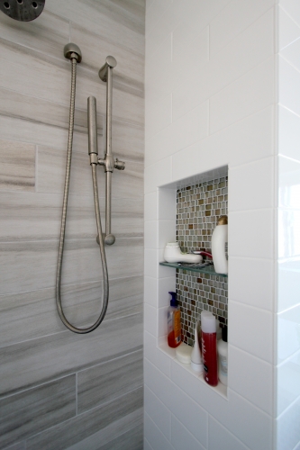 Bath Wood Look Plank Tile Recessed Mosaic Niche Handheld Shower