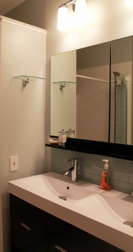 Bathroom Double Sink Trough glass shelf crisp clean