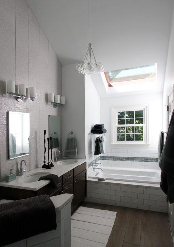 Bathroom Remodel Tub Listelle Vanity Backsplash Chandelier