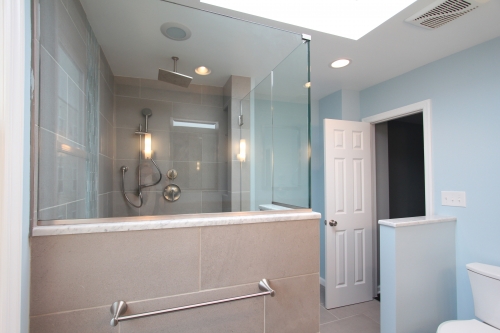 Contemporary Bath Blue Gray Rainhead Shower Frameless Glass
