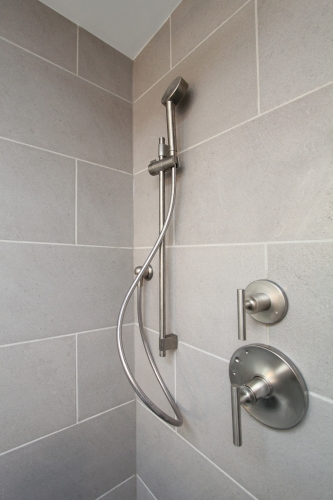 Contemporary Bath Gray Tile Walk In Shower Handheld