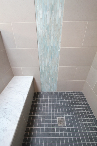 Contemporary Bath Teal Gray Tile Walk In Shower
