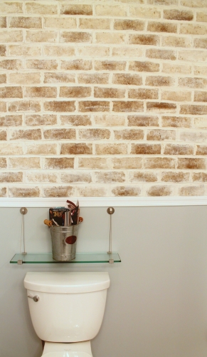 Exposed Brick Bathroom Wall glass shelf