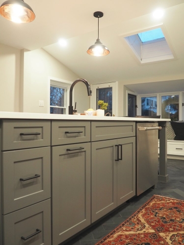 Kitchen Island Gray Slate Floor Herringbone Skylight