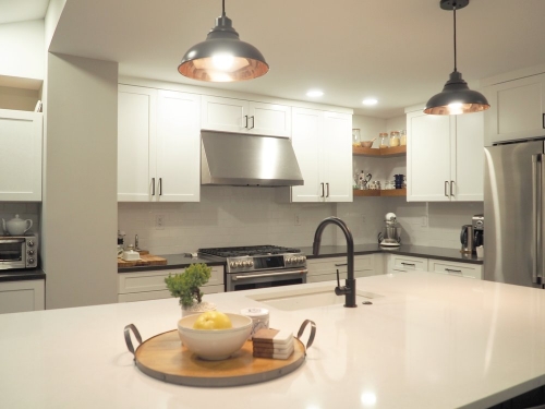 Kitchen Shaker Range Stainless Hood Floating Shelves