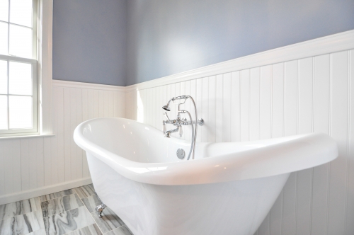 Master Bath ClawFoot Tub Chrome Fixtures Wainscoting Natrual Stone Tile