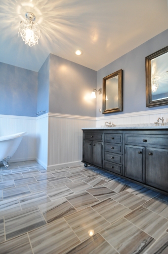 Master Bath Double Wood Vanity Natural Stone Tile Wainscotting Traditional Chrome Fixtures