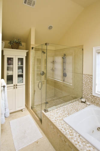 Master Bath Frameless Glass Shower Enclosure Linen Closet