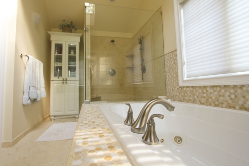 Master Bath Frameless Glass Shower Enclosure Mosaic Tub Surround Linen Closet
