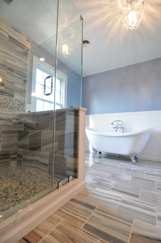 Master Bath Natural Stone Tile Mosaic Frameless Glass Shower Enclosure Clawfoot Tub Wainscoting