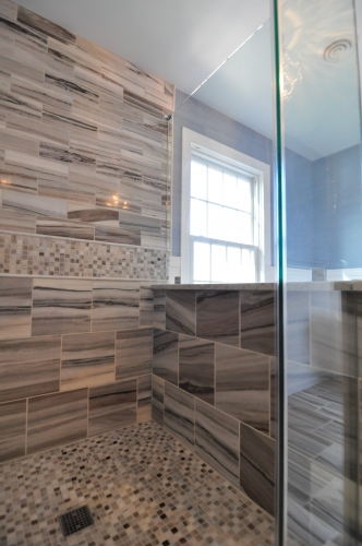 Master Bath Natural Stone Tile Mosaic Listello Frameless Glass Shower Enclosure