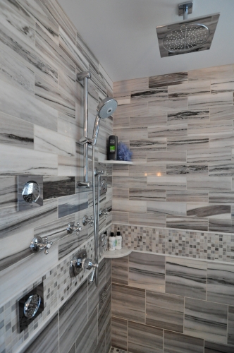 Master Bath Natural Stone Tile Mosaic Listello Shower Corner Shelves Handheld Shower Sprays (1)