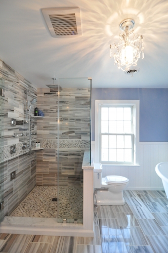 Master Bath Natural Stone Tile Mosaic Listello Shower Corner Shelves Handheld Shower Sprays (2)