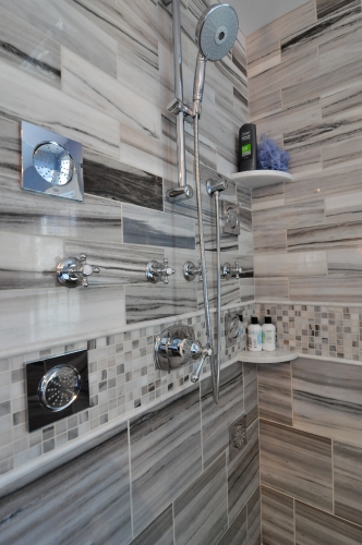 Master Bath Natural Stone Tile Mosaic Listello Shower Corner Shelves Handheld Shower Sprays (3)
