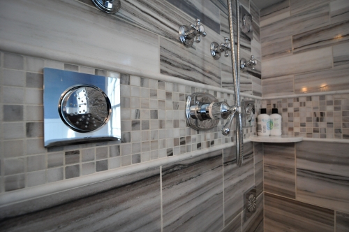 Master Bath Natural Stone Tile Mosaic Listello Shower Corner Shelves Handheld Shower Sprays