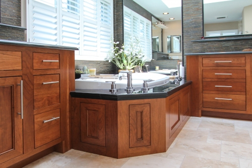 Master Bathroom Custom Cabinetry wood light floor jacuzzi chrome