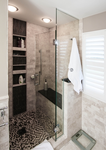 Master Bathroom Frameless Glass Shower recessed storage niche accent tile