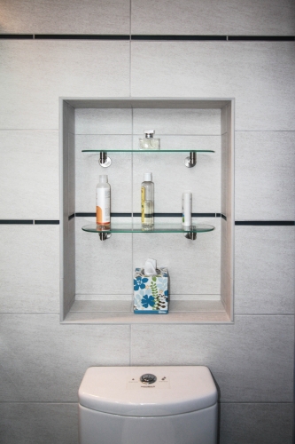 Master Bathroom Recessed Niche storage industrial glass shelf