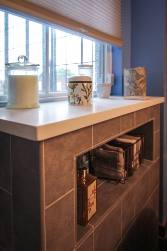 Master Bathroom Tiled Shelving recessed storage niche