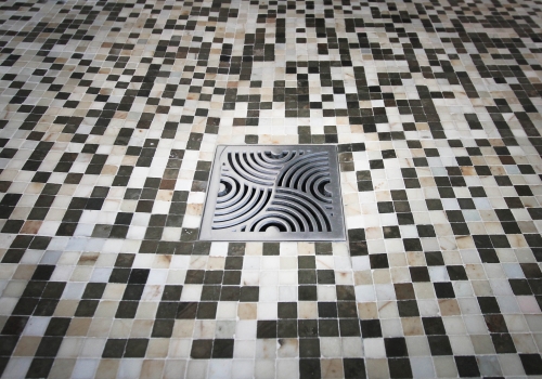 Master Bathroom Wave Shower Drain mosaic floor tile stone