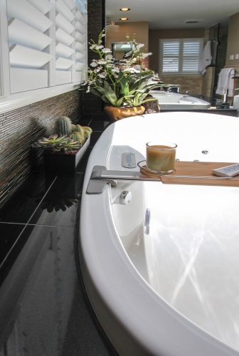 Master Bathroom Whirlpool Tub jacuzzi black granite stone plants cactus