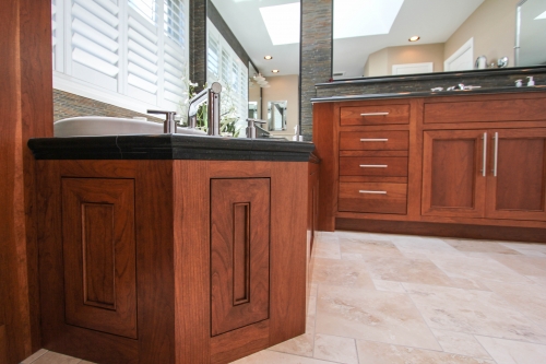 Master Bathroom Wood Tub Surround vanity chrome