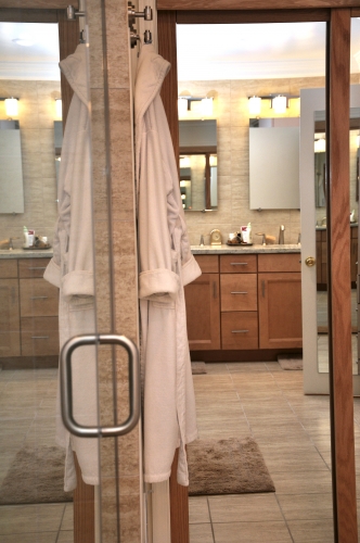 Master Suite Bathroom double Vanity satin nickel glass frameless shower enclosure beige spa retreat 