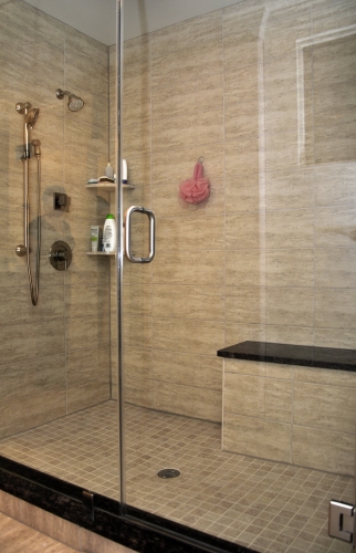 Master Suite Bathroom double satin nickel glass frameless shower enclosure beige spa retreat Travertine Backsplash