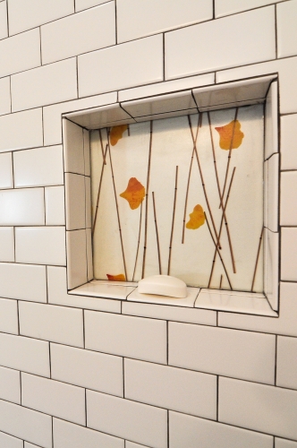 Recessed niche modern industrial bath resin subway tile shower