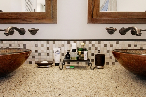 Rustic Master Bath Wood Vanity Vessel Sinks Mosaic Backsplash Wallmounted Faucet (2)