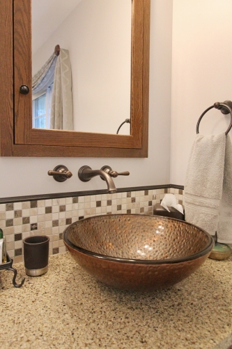 Rustic Master Bath Wood Vanity Vessel Sinks Mosaic Backsplash Wallmounted Faucet (5)