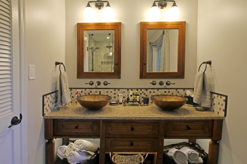 Rustic Master Bath Wood Vanity Vessel Sinks Mosaic Backsplash Wallmounted Faucet (7)