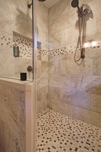 Rustic Transitional Bath Oil Rubbed Bronze Finishes Mosaic Floor Beige Frameless Glass Shower Enclosure Recessed Shower Niche Rainhead Handheld (2)