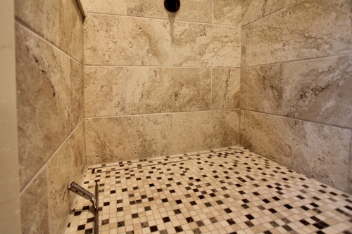 Rustic Transitional Bath Oil Rubbed Bronze Finishes Mosaic Floor Beige Linear Drain (1)