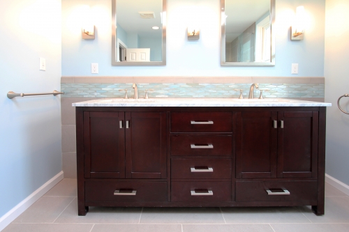 Transitional Bath Teal Gray Double Wood Vanity Marble Countertop (1)