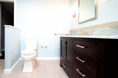 Transitional Bath Teal Gray Double Wood Vanity Marble Countertop (2)