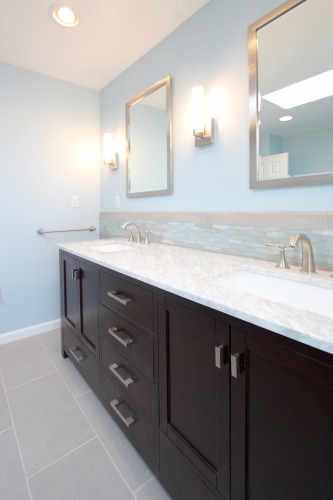 Transitional Bath Teal Gray Double Wood Vanity Marble Countertop