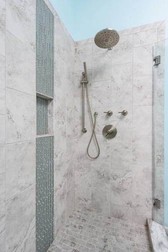 Transitional Master Bath Teal Wall Paint Wood Look Tile Handheld Shower Mosaic Floor