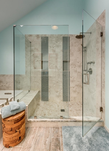 Transitional Master Bath Teal Wall Paint Wood Look Tile Handheld Shower Mosaic Floor Frameless Glass Enclosure