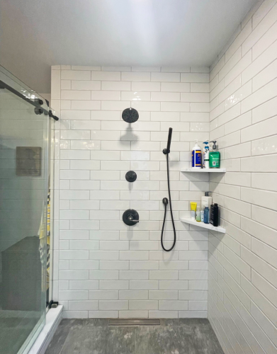  Black Handheld Shower Head White Subway Tile Shower Shelves dRemodeling