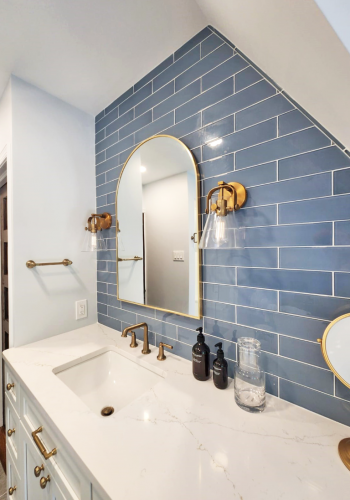  Blue Glass Wall Tile Gold Fixtures Quartz Countertops Mirror Remodeled Bathroom dRemodeling