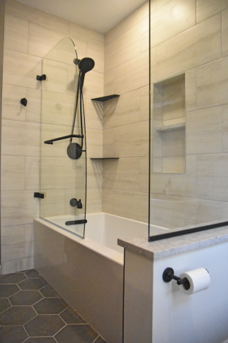  Countertop Matte Porcelain Shower Tile Two In One Shower Head Matte Black Frameless Hinged Tub Door dRemodeling