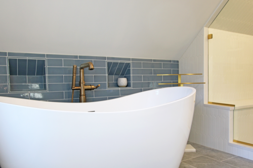  Freestanding Tub Blue Glass Wall Tile Gold Fixtures  Remodeled Bathroom dRemodeling