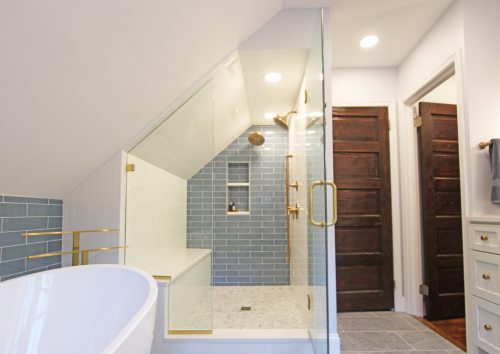 Freestanding Tub Blue Glass Wall Tile Gold Fixtures walk in shower Remodeled Bathroom dRemodeling